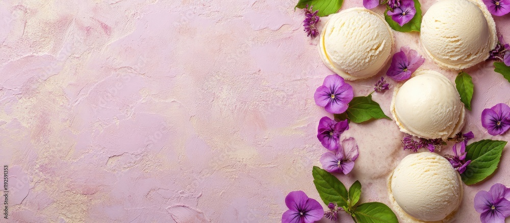Poster vanilla ice cream scoops surrounded by purple flowers and greenery on textured background with space