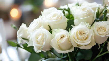 Obraz premium Elegant floral arrangement featuring pristine white roses surrounded by lush greenery and softly glowing background lights.