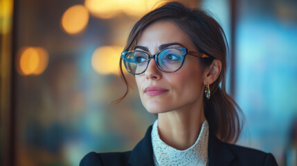 confident woman with glasses and earrings gazes thoughtfully, embodying professionalism and elegance in modern office setting