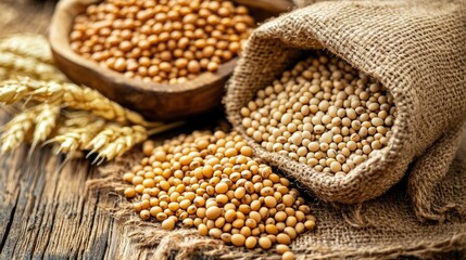 Fototapeta premium Sustainable Protein Sources for Animal Feed Featuring Beans Wheat and Soybeans in Natural Rustic Setting