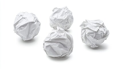 Crumpled white paper balls isolated on a clean background representing waste and recycling concepts in office settings