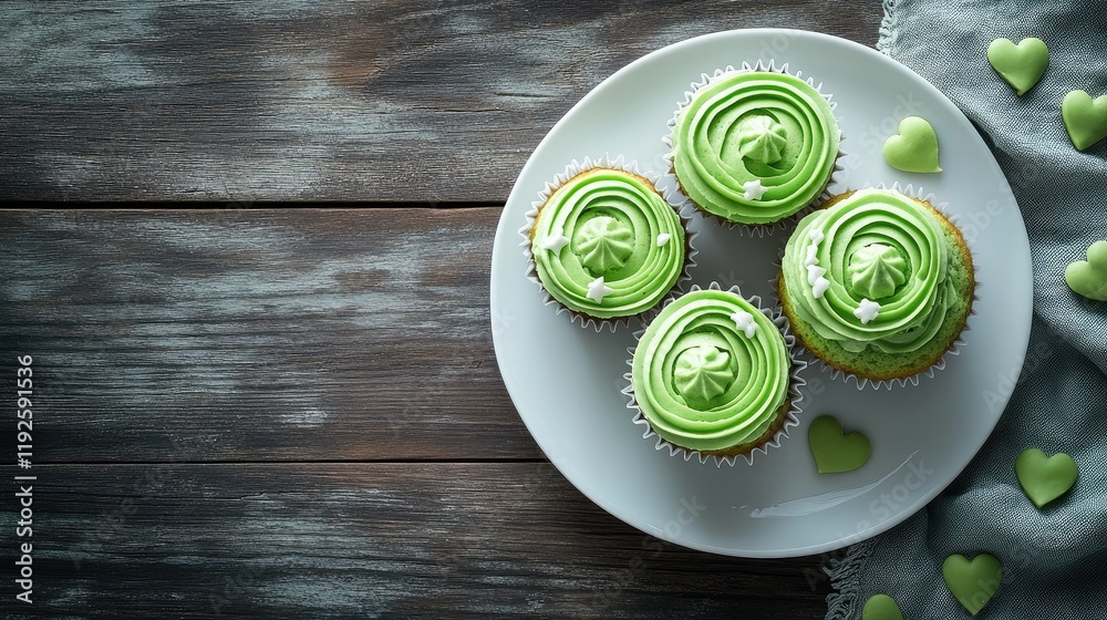 Poster green cupcakes with decorative frosting on a white plate surrounded by heart-shaped chocolates on a 