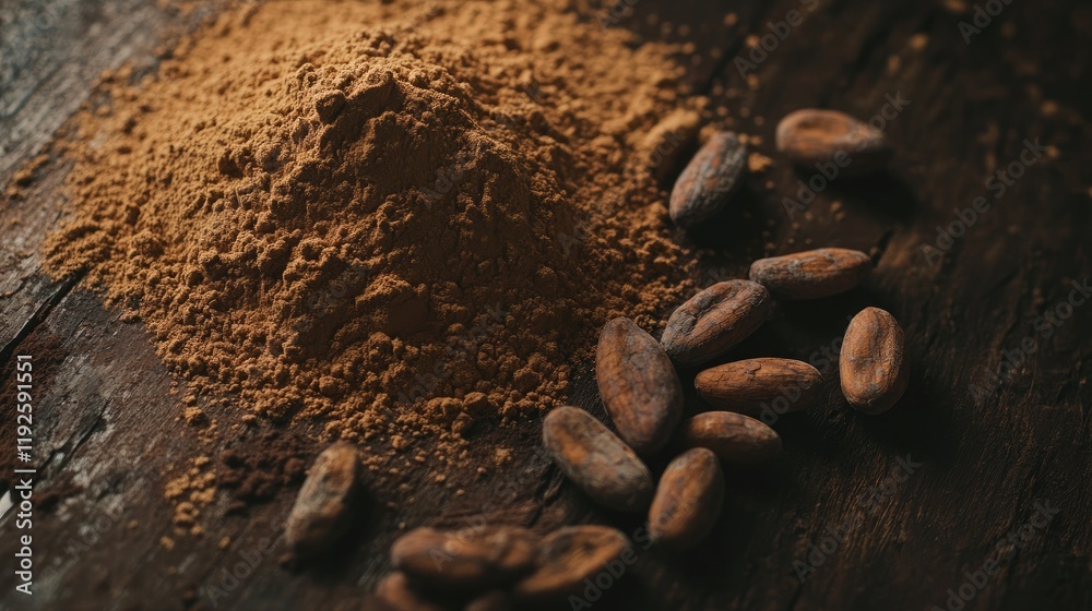 Aufkleber cocoa powder and cocoa beans beautifully arranged on a rustic wooden table highlighting their natura