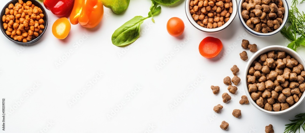 Aufkleber natural dog food with fresh vegetables on white background healthy balanced meal for pets empty spac