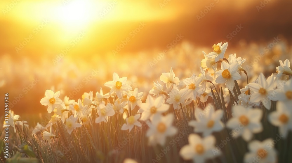 Aufkleber sunlit field of delicate white narcissus flowers basking in golden hour glow, creating a serene and 