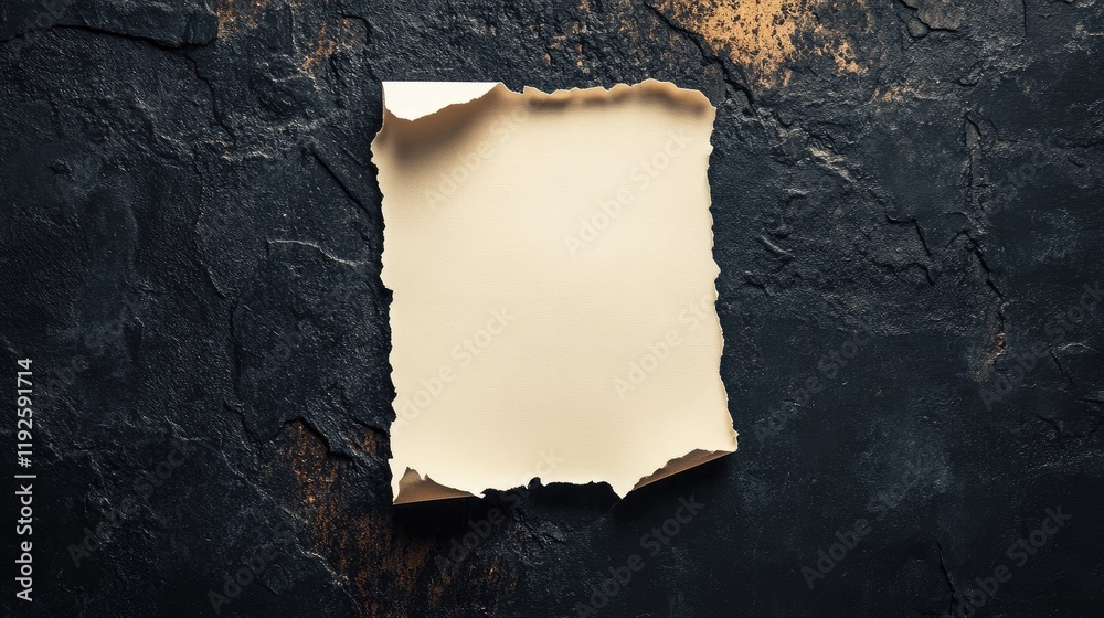 Poster Torn vintage paper sheet on textured dark background for document replacement or notes with empty space for your text or design elements