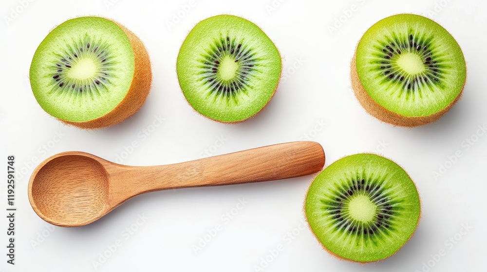 Poster cross section of ripe kiwi fruit and spoon with sliced segments on white background showcasing vibra