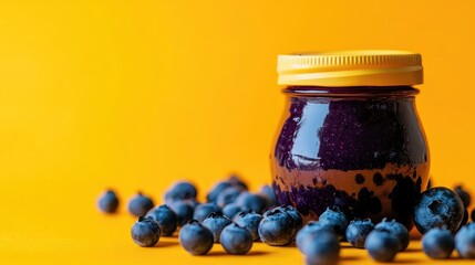 Blueberry sauce in orange jar surrounded by fresh blueberries on vibrant orange background showcasing healthy and rich flavor profile