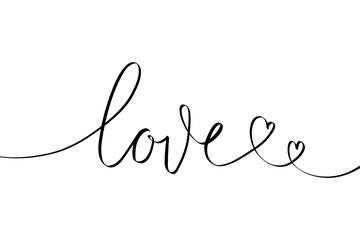 Love word one continuous line. Minimalist romantic linear lettering for valentines day greeting card, wedding invitation tattoo design. Vector illustration