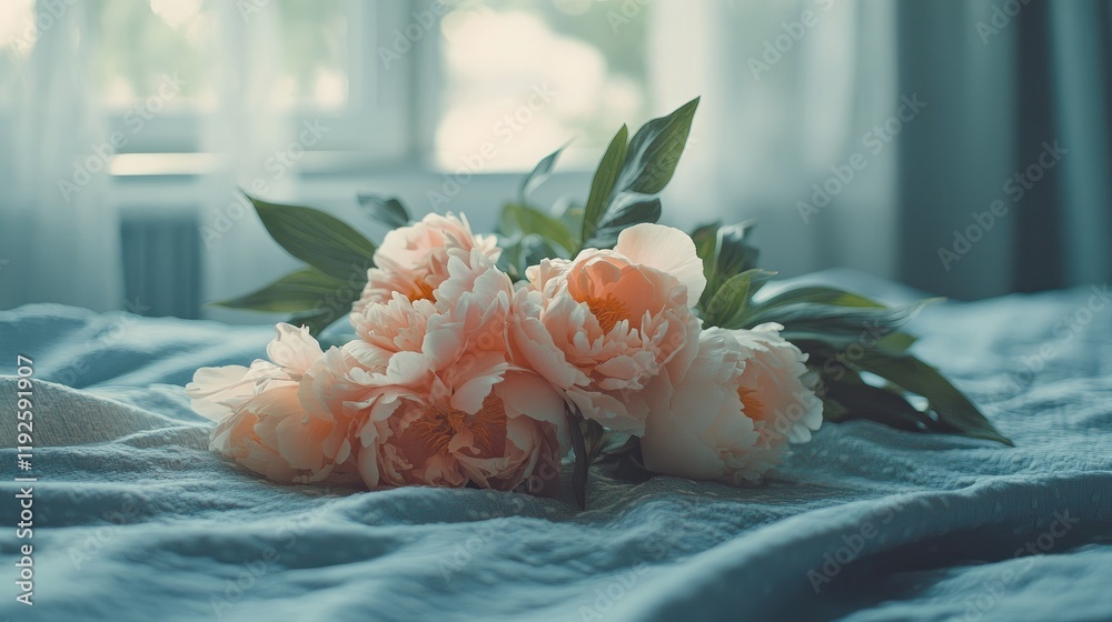 Poster elegant peonies on a serene bed showcasing gray and terracotta textiles for a restful and fragrant s