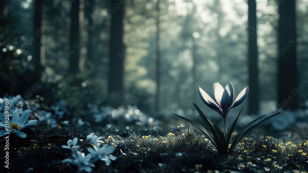 Poster crocus flower blooming in a serene forest setting with soft light illuminating the surrounding flora