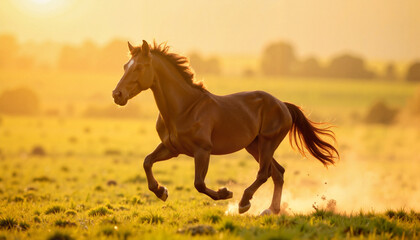 Obraz premium Elegant stallion galloping through golden field at sunrise, freedom