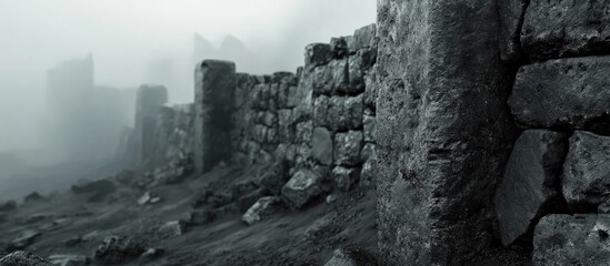 Fototapeta premium Basalt column wall corner on misty battlefield with ample empty space for text and dramatic atmospheric background