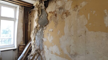 Urban decay illustrated through a crumbling plaster wall exposing layers of aged materials in a deteriorating interior architecture scene.