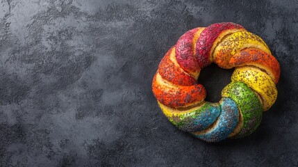 Colorful rainbow bagels on textured grey background vibrant baked goods trendy food with space for text top view multicolored bagel wreath