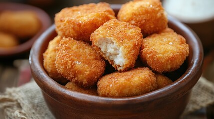 Crispy breaded chicken nuggets served in a rustic bowl garnished with salt and spices for a delicious fast food treat
