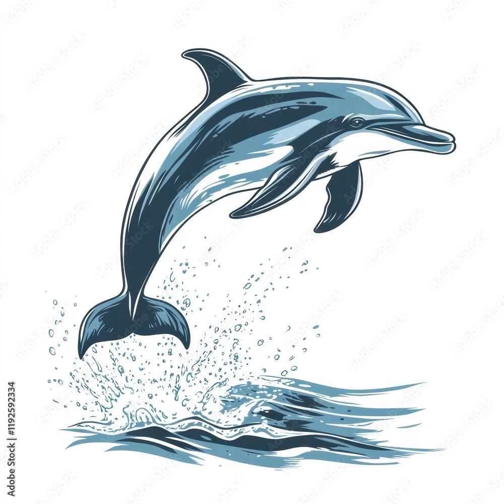 Aufkleber Dolphin jumping out of the water creating splashes in a dynamic ocean environment at midday. Generative AI