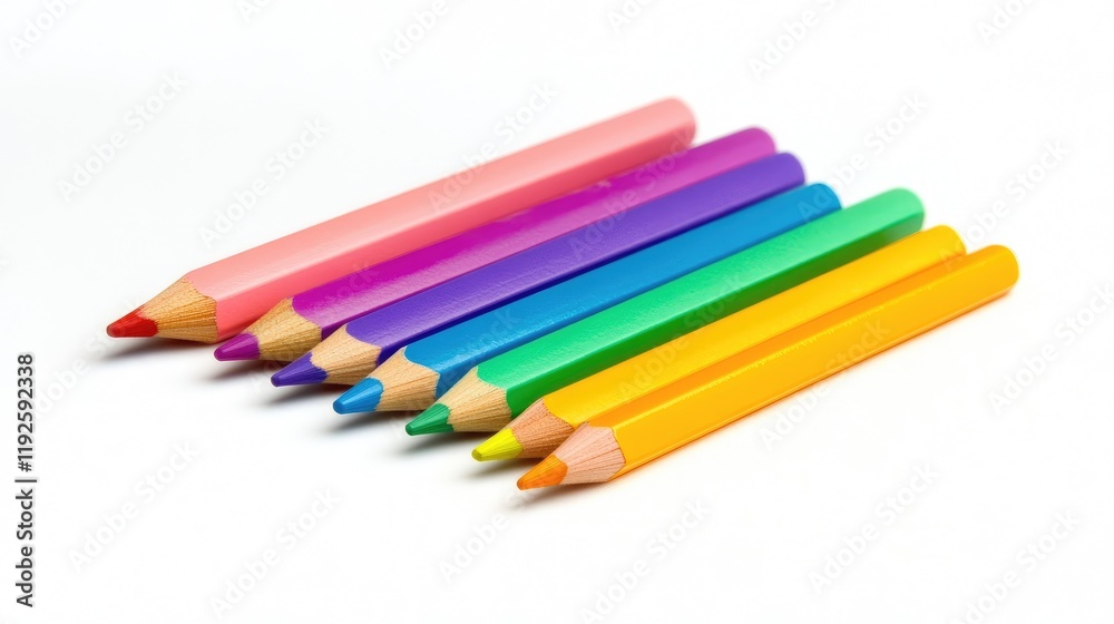 Poster colorful collection of colored pencils arranged in a row on white background showcasing vibrant hues