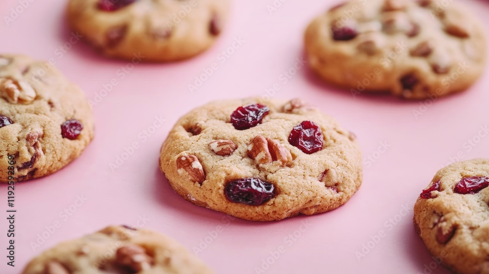 Poster cookies with dried cranberries and nuts on pink baking paper close up selective focus delicious dess