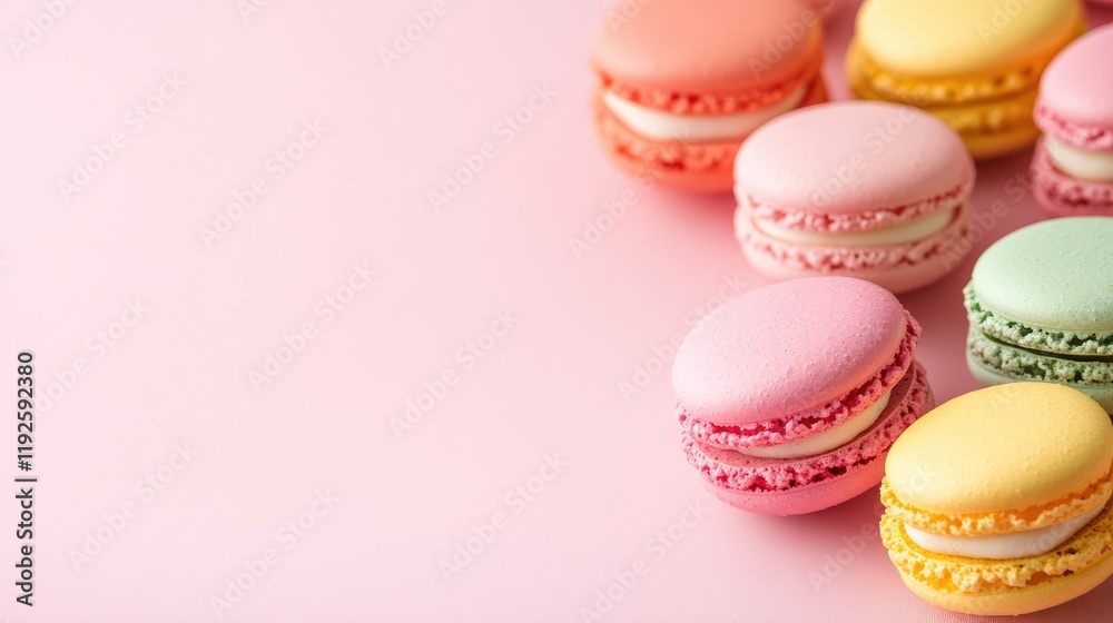Poster colorful macarons delicately arranged on a soft pink pastel background with ample copy space for pro