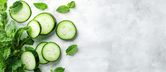 Fresh cucumber slices with mint leaves on a textured background ideal for healthy food promotions and culinary uses