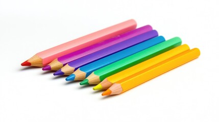 Fototapeta premium Colorful collection of colored pencils arranged in a row on white background showcasing vibrant hues and creative potential for art projects