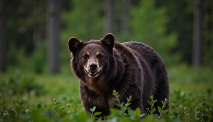 Fototapeta premium Black bear standing confidently in lush forest, cultural symbolism
