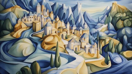 Abstract Mountain Village Landscape in Surreal Pastel Colors