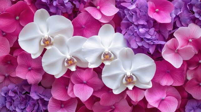 Floral arrangement showcasing vibrant white orchids surrounded by purple and pink hydrangeas in a colorful background composition