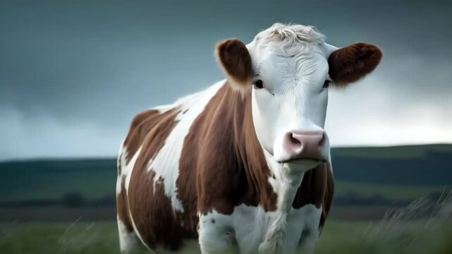 A domestic cow is grazing in a meadow