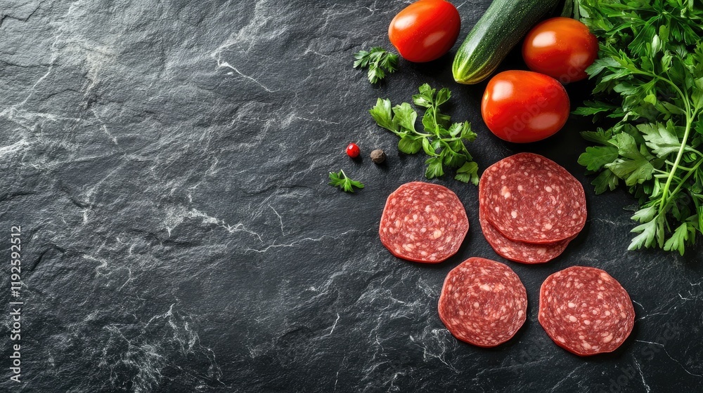 Poster fresh cooking ingredients on dark stone table top view with sliced sausage vegetables herbs red toma