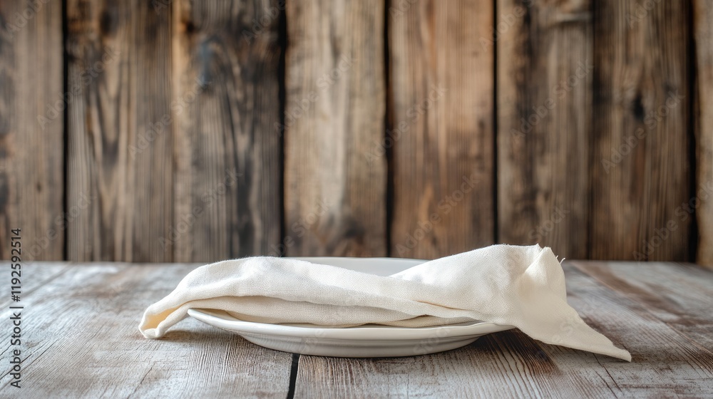Poster Rustic dining setting with cloth napkin elegantly placed on a white plate against a backdrop of weathered wooden planks