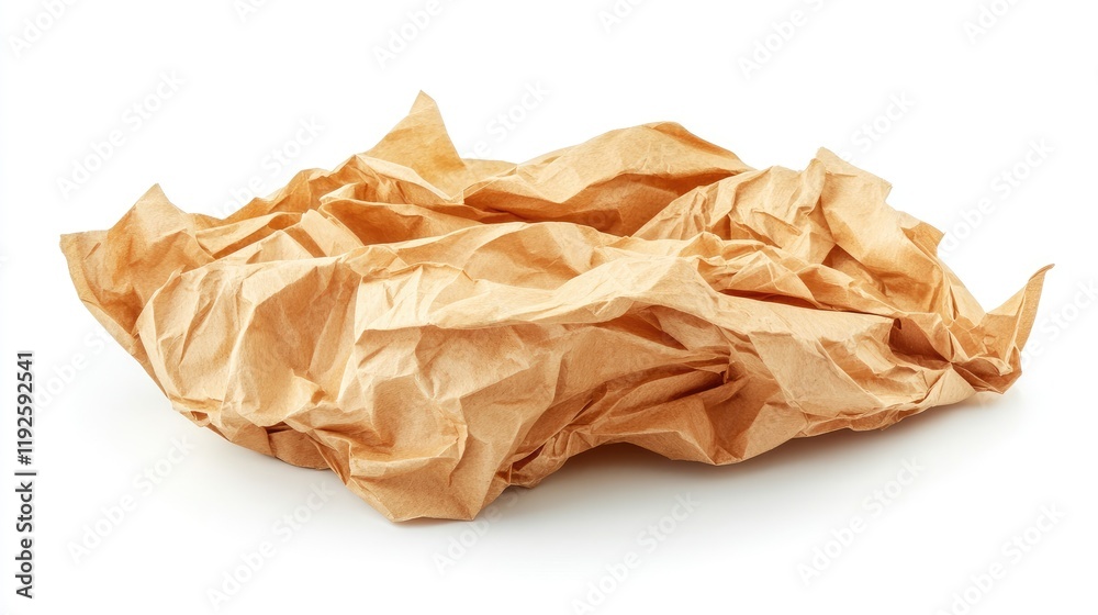 Poster Crumpled brown paper showcasing textures and forms on a clean white background highlighting the concept of waste and recycling materials.