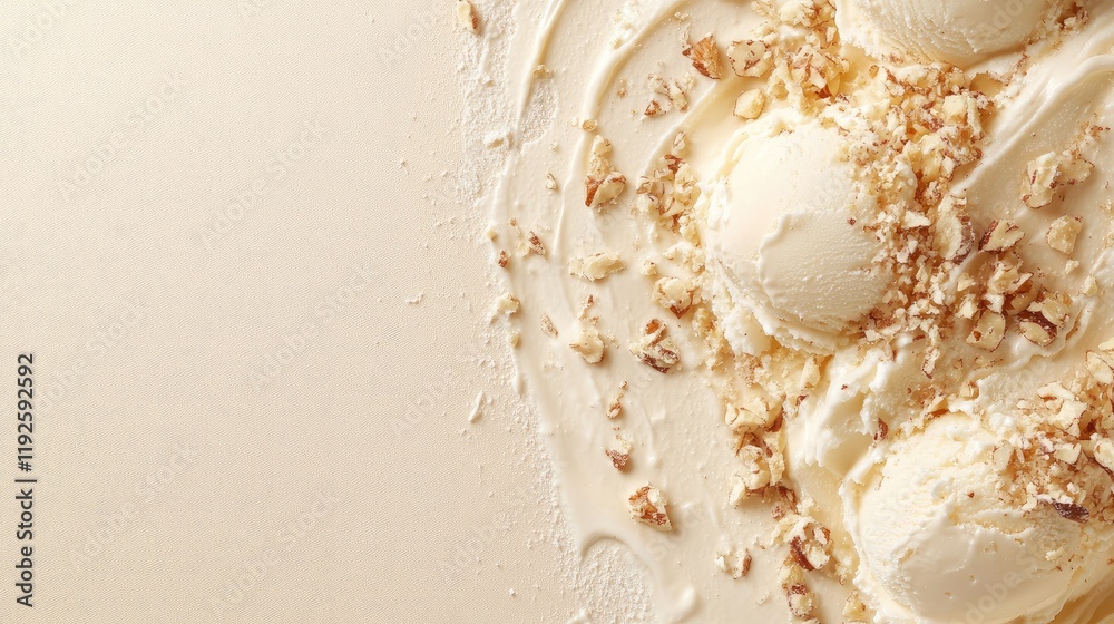 Poster Vanilla ice cream scoops decorated with crushed nuts on a creamy background with space for customizable text or branding