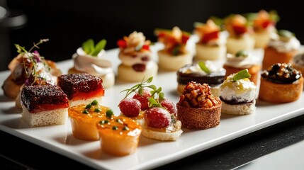 Gourmet appetizers beautifully arranged on a platter with wine in an upscale dining environment