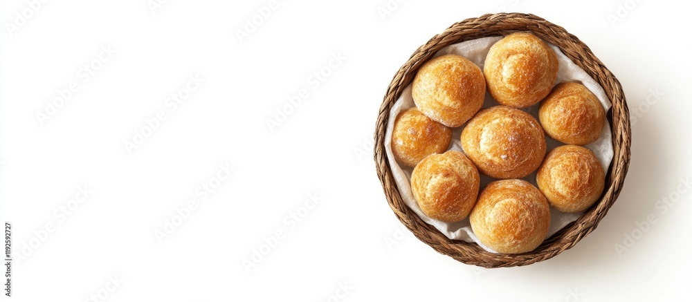 Poster freshly baked round breads in a woven basket with soft crusts on a white background ideal for food a