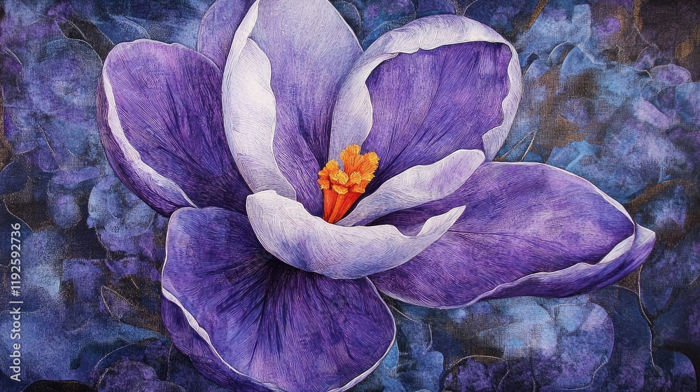 Poster vibrant purple crocus flower in bloom showcasing intricate petals and vivid colors against a soft bl