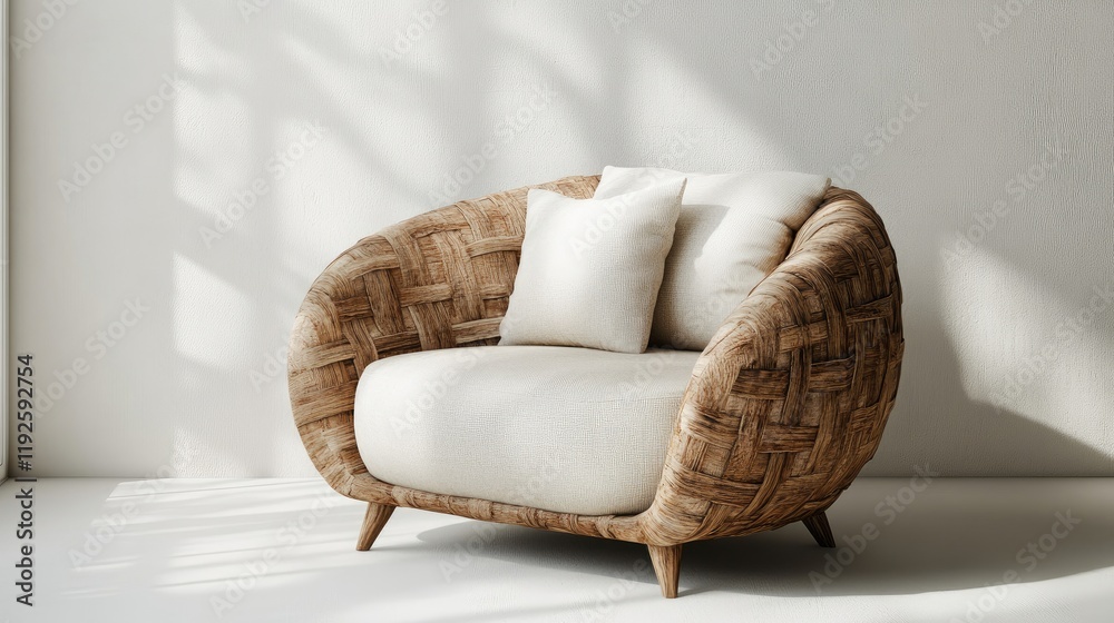Poster Sustainable luxury armchair with plush pillows in studio setting designed for rustic home interiors showcasing modern architecture elements