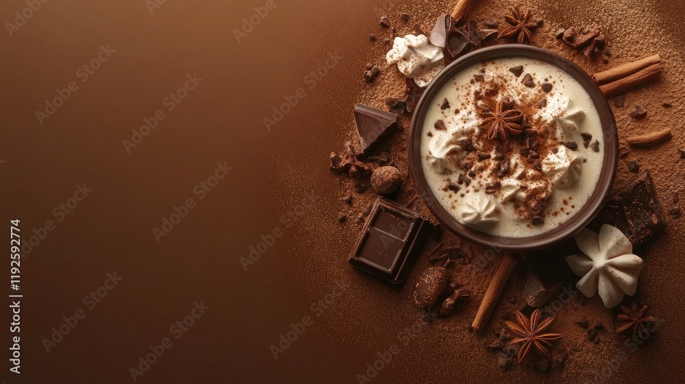 Poster cocoa topped with cream and chocolate pieces surrounded by spices on a rich brown background for a c