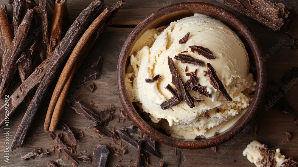 Poster creamy vanilla ice cream with chocolate shavings surrounded by vanilla beans and cocoa on rustic woo