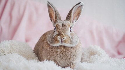 Obraz premium Flemish Giant Rabbit Sitting Comfortably on Soft White Fur in Light Background