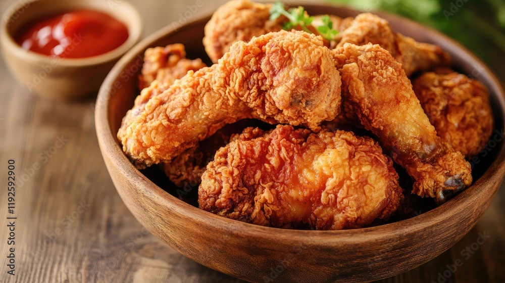 Poster golden crispy fried chicken in a rustic bowl garnished with herbs and served with a side of dipping 