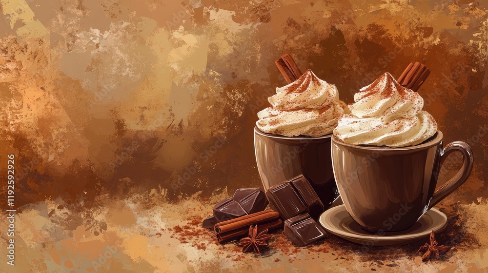 Poster cocoa with whipped cream cinnamon chocolate pieces and assorted spices in elegant cups on a warm ear