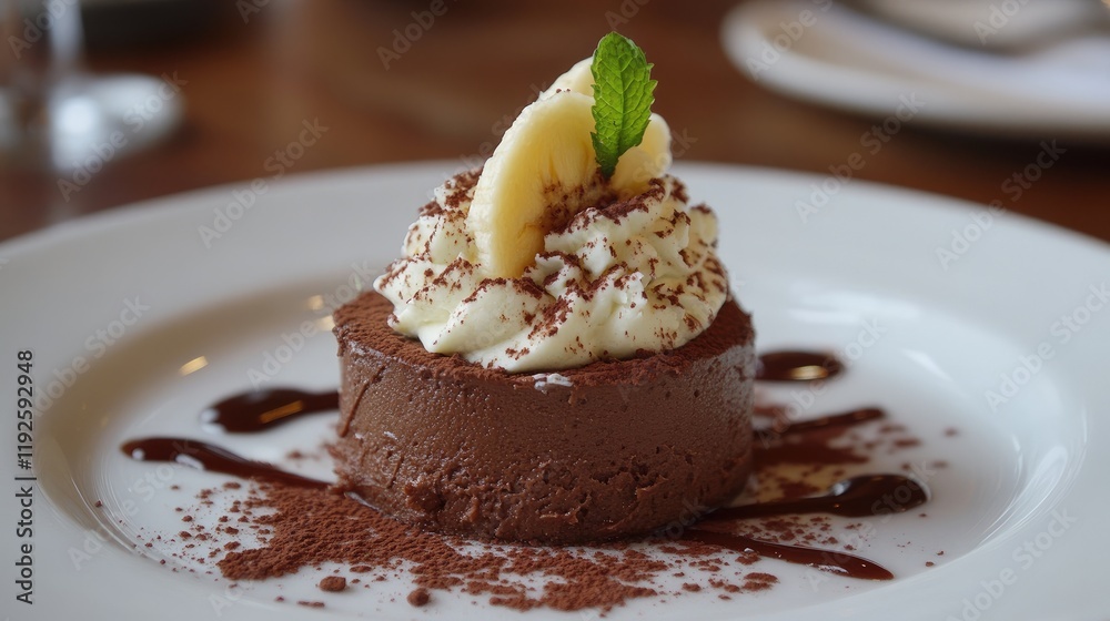 Poster vegan cocoa avocado mousse topped with banana coconut cream and mint served on a white plate with ch