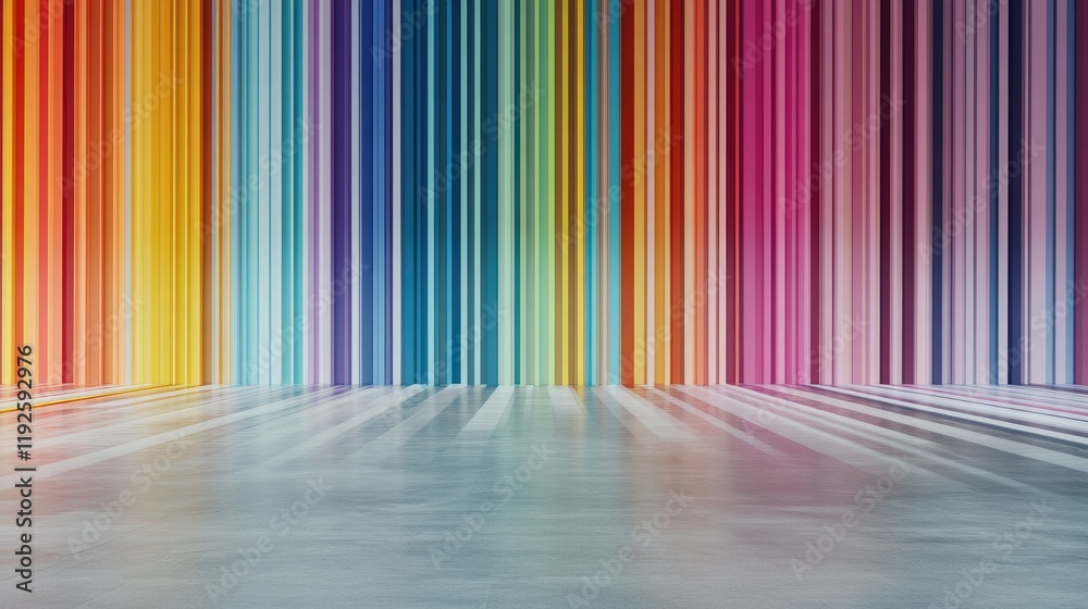 Poster Vibrant Vertical Rainbow Stripes with Gray Background and Reflective Surface in 3D Design Perfect for Modern Abstract Art Projects