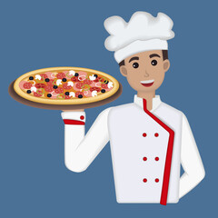 chef with pizza in hand 3D. Icons 3d realistic render vector object. eggplant healthy vegetable. Icons 3d realistic render vector object. cook, pizza, pizzeria, cooking, work, food, cheese, restaurant