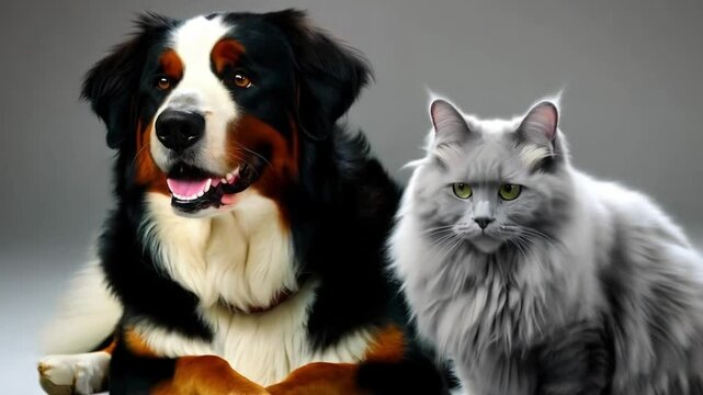 A joyful Bernese Mountain Dog and a grey Nebelung cat sitting side by side, both gazing directly at the camera against a plain grey background