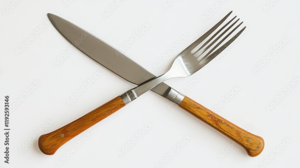 Poster crossed knife and fork with wooden handles isolated on a white background for culinary theme or rest