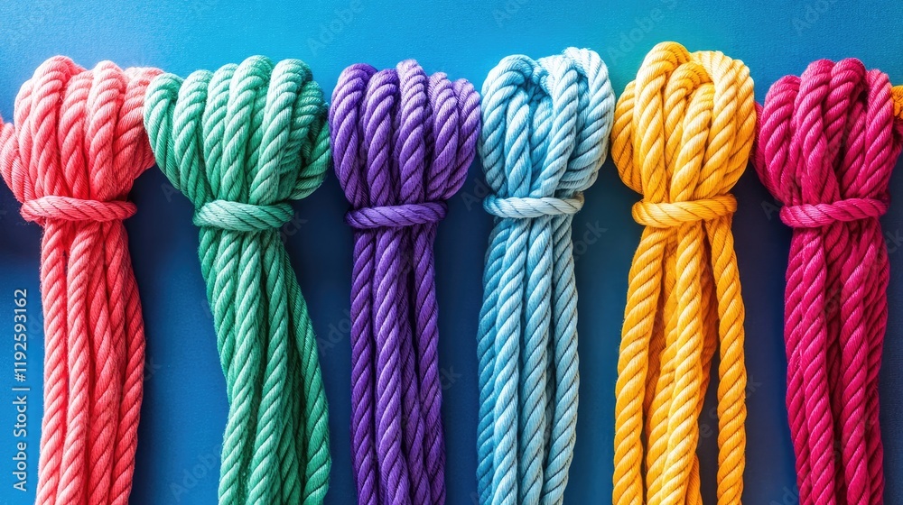Poster colorful ropes neatly arranged on a vibrant blue canvas showcasing variety and texture ideal for cre