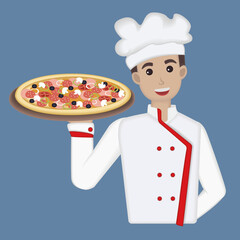 chef with pizza in hand 3D. Icons 3d realistic render vector object. eggplant healthy vegetable. Icons 3d realistic render vector object. cook, pizza, pizzeria, cooking, work, food, cheese, restaurant